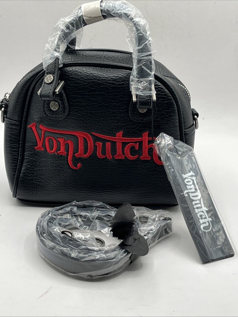 Von Dutch Black Red Chopper Cross Pebbled Leather Bowler Bag Shoulder Strap NWT
